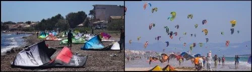 2  viele Schirme am strand Mallorca kiteschule Pollensa Bucht in Mai