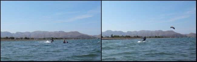 5 steht auf dem Kitesurfbrett und fahrt in Palma de Mallorca