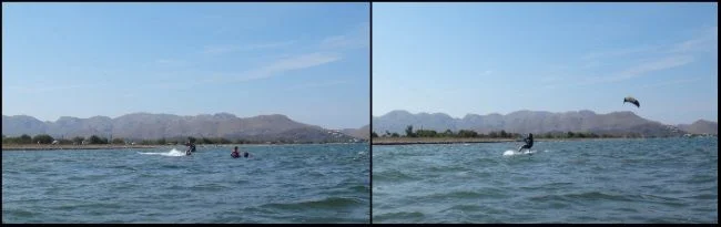 5 steht auf dem Kitesurfbrett und fahrt in Palma de Mallorca