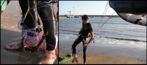 indem wir zurück zum Ufer schwimmen, können wir uns versehentlich an den schwimmenden Drachenlinien verfangen