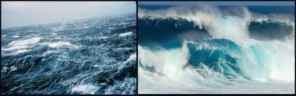 mar embravecido a causa del viento y olas rompiendo en la orilla